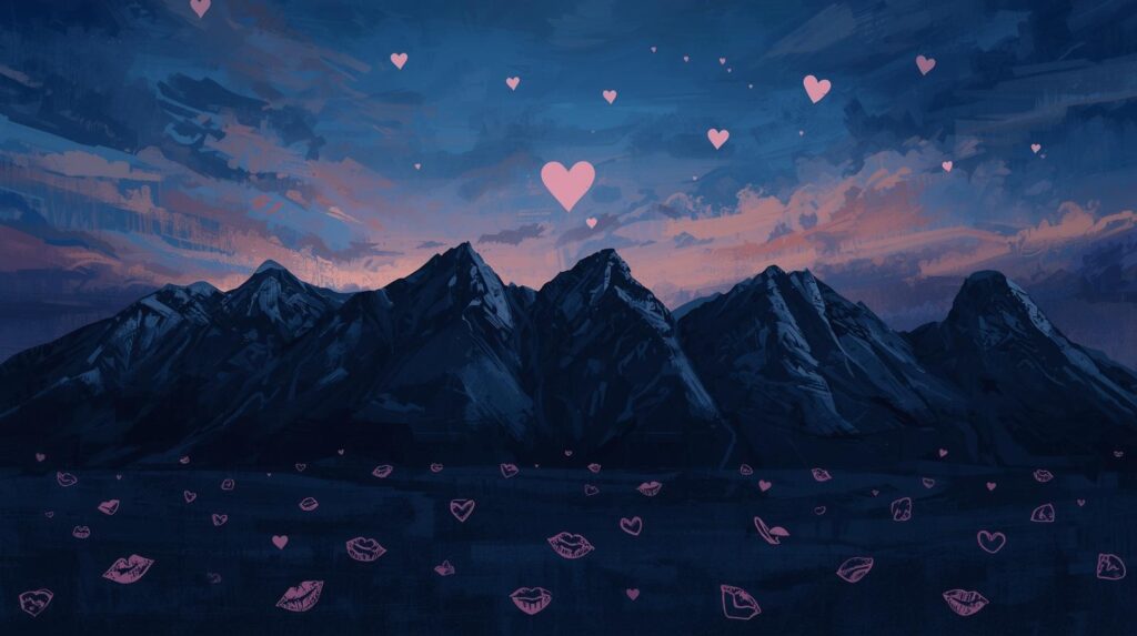 a dark mountain range with hearts for snow and kisses on the ground the skyline must take up 50 of the screen 1.jpg