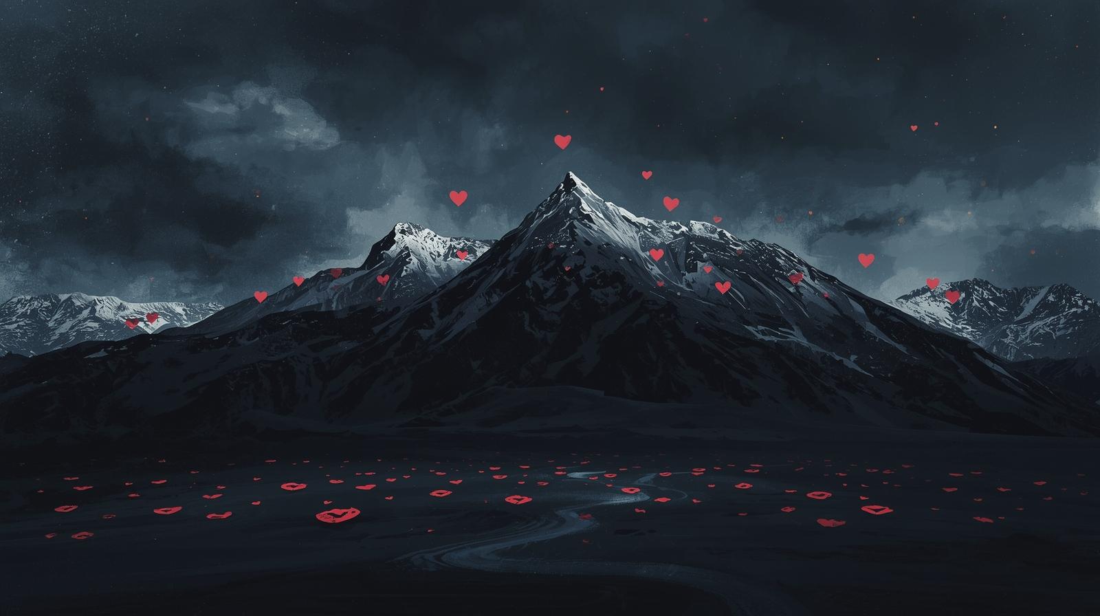 a dark mountain range with hearts for snow and kisses on the ground the skyline must take up 50 of the screen 3.jpg